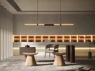 Modern Study Room With Illuminated Bookshelves Desk And Seating 3d model