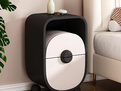 Modern Bedroom Interior With Black And White Nightstand Decorative Items Beige Bed And Green Plant 3d model