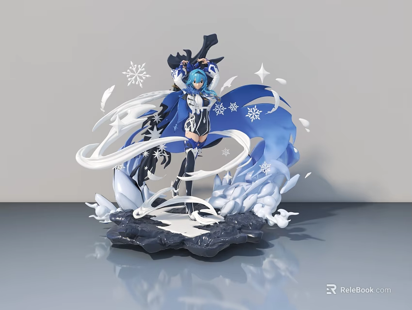 Elegant Flush Door Design With Blue White Snowflake Decor And Reflective Black Base 3d model 