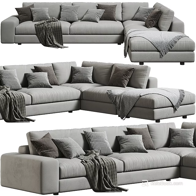 Stylish Gray Sectional Sofa With Plush Cushions Soft Blanket And Modern Design 3d model 
