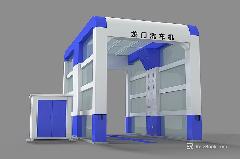 Industrial Gantry Car Wash Machine With Blue White Structure And Glass Panels 3d model 