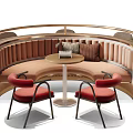Public Chair Design With Curved Wooden Seating And Tables For Casual Public Area
