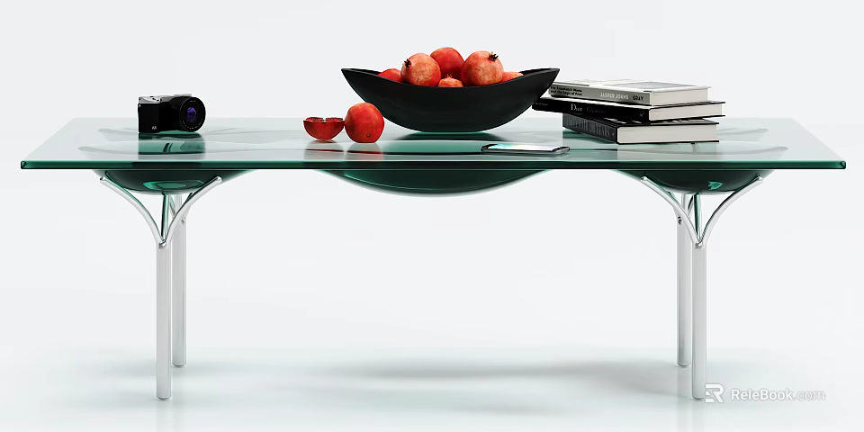 Modern Glass Coffee Table With Metal Legs Black Bowl Red Fruits Camera And Stacked Books 3d model 