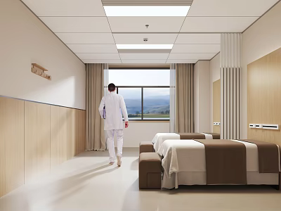 Hospital Outpatient Clinic Interior With Medical Staff Hospital Beds Wooden Walls And Mountain View Window 3d model