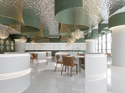 Elegant Modern Restaurant Interior Design With Green Pendant Lights White Bar Counters And Brown Chairs 3d model
