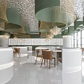 Elegant Modern Restaurant Interior Design With Green Pendant Lights White Bar Counters And Brown Chairs