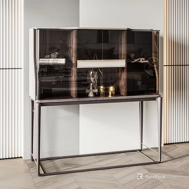 Modern Sideboard With Glass Doors Metal Frame And Gold Decorative Accents 3d model 