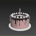 Pink Birthday Cake With Chocolate Drizzle And White Cream Decorations Topped With Single Candle
