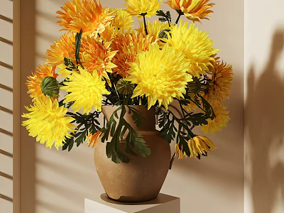 Terracotta Vase With Yellow And Orange Flowers On White Pedestal In Sunlight Shadows 3d model