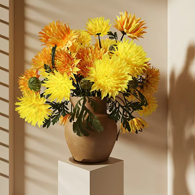 Terracotta Vase With Yellow And Orange Flowers On White Pedestal In Sunlight Shadows 3d model