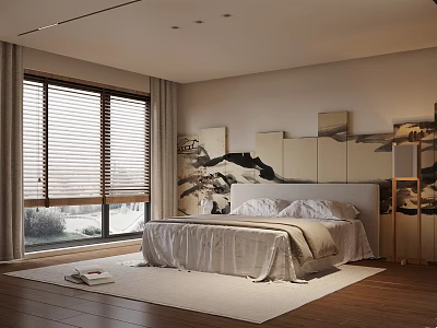 Modern Bedroom Interior With Window Blinds Landscape Paintings Wooden Floor And Rug 3d model