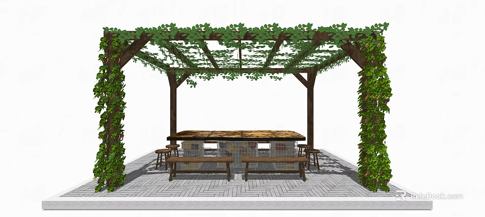 Outdoor Pergola With Vines Covering And Wooden Table Benches On Paved Floor 3d model 
