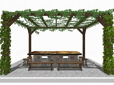 Outdoor Pergola With Vines Covering And Wooden Table Benches On Paved Floor 3d model