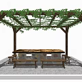 Outdoor Pergola With Vines Covering And Wooden Table Benches On Paved Floor