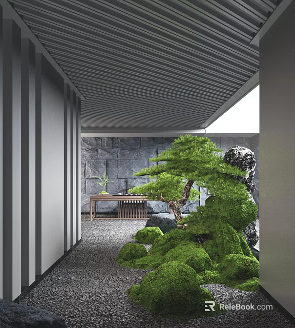 Modern Corridor Indoor Landscape Featuring Gray Stone Wall Moss Covered Rocks Pine Tree Natural Light 3d model
