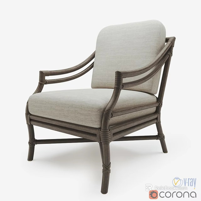 Comfortable Rattan Leisure Chair With Light Gray Cushion And Woven Frame Design 3d model 