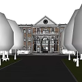 Elegant Classical Building with Red Bricks White Walls Porch Columns Autumn Trees Lawn and Bench