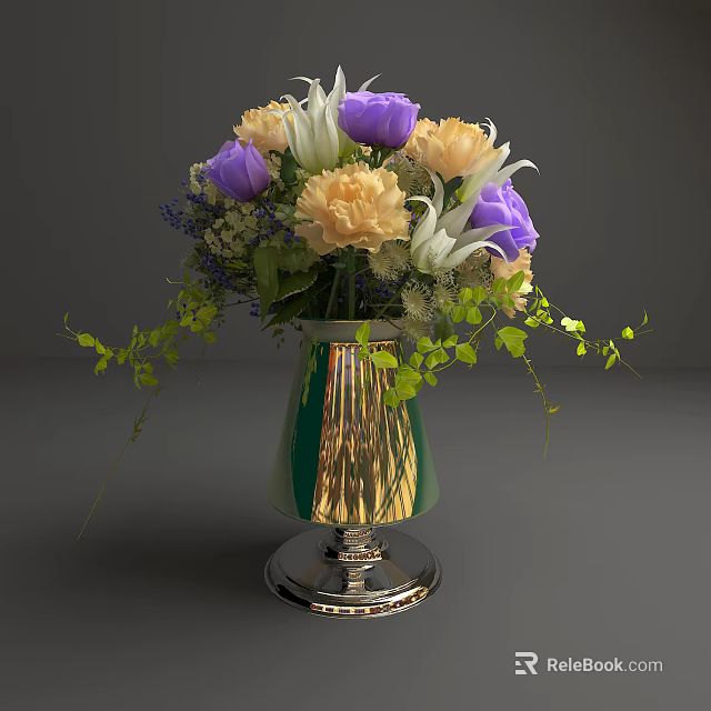 Elegant Green And Gold Vase With Purple Yellow White Flowers And Green Leaves 3d model 