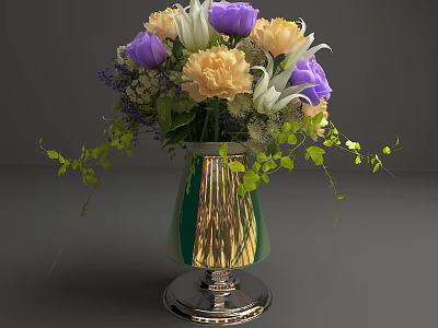 Elegant Green And Gold Vase With Purple Yellow White Flowers And Green Leaves 3d model