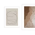 Two Framed Artworks Abstract Line Drawing Gold Beige Pattern On Light Wall With Plant Shadows