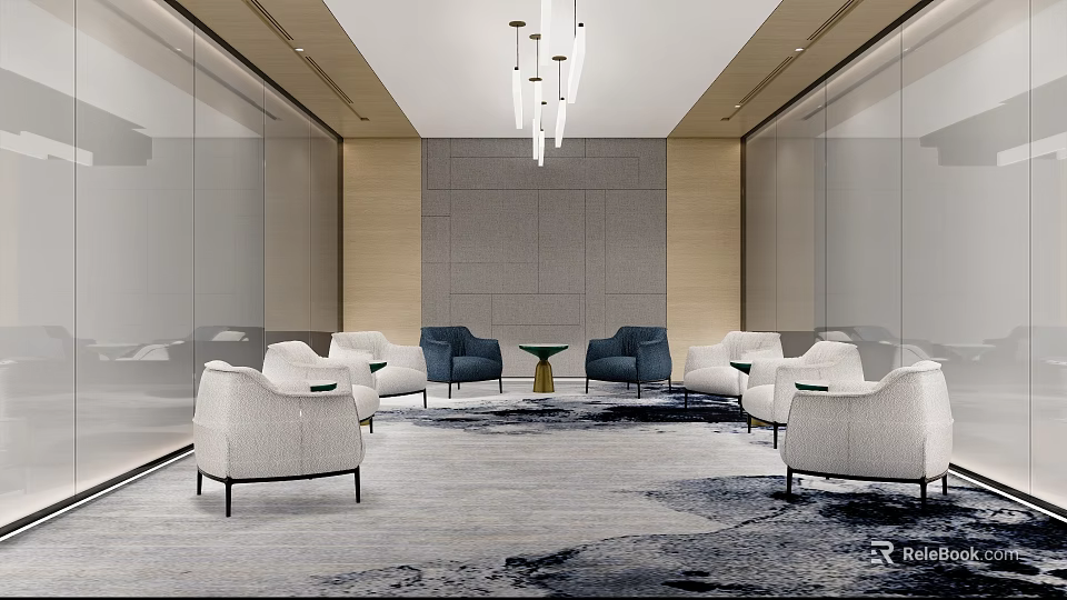 Modern Hotel Public Lounge With White Blue Sofas Round Coffee Table And Gray Wall 3d model