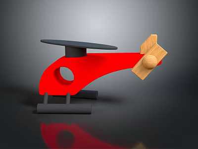 Red Toy Helicopter With Black Base And Wooden Propeller Blades 3d model