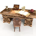 Wooden Writing Desk With Open Book Jewelry Box Water Jug Candles Apple And Chair