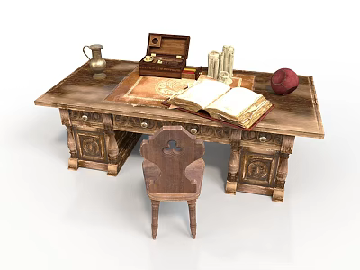 Wooden Writing Desk With Open Book Jewelry Box Water Jug Candles Apple And Chair 3d model