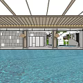 Indoor Swimming Pool Interior With Wooden Ceiling And Clear Blue Water