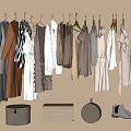 Stylish Clothes Hanging on Beige Wall with Various Styles Neutral Colors Boxes and Shoes