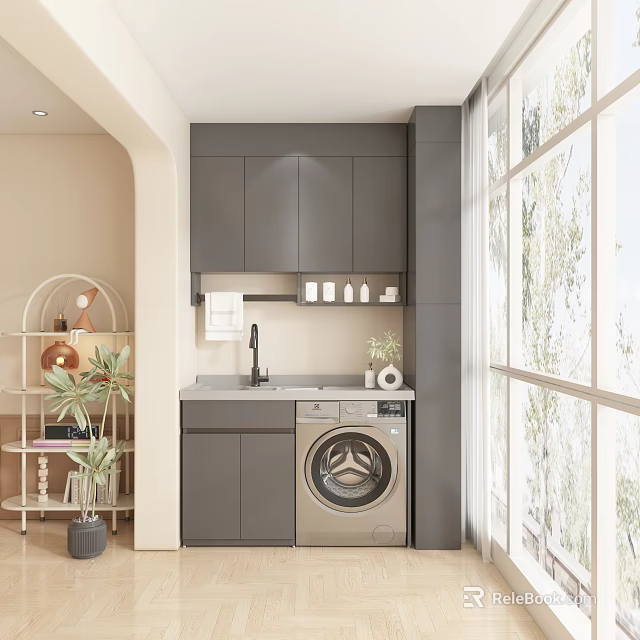 Modern Home Balcony Interior With Gray Cabinets Washing Machine Sink And Natural Light 3d model 