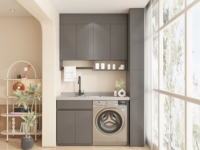 Modern Home Balcony Interior With Gray Cabinets Washing Machine Sink And Natural Light 3d model
