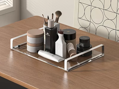 Stylish Acrylic Tray with Perfume Cosmetics Bottles and Makeup Brushes on Wooden Table 3d model