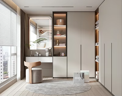 Modern Walk in Closet Interior Design With Full Length Mirror And Illuminated Cabinets 3d model