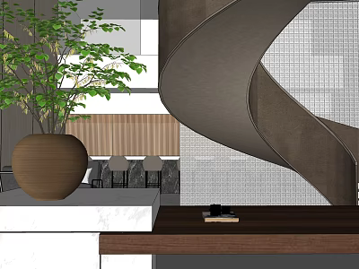 Elegant Modern Spiral Staircase Interior With Green Plant Wooden Vase And Marble Countertop 3d model