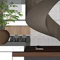 Elegant Modern Spiral Staircase Interior With Green Plant Wooden Vase And Marble Countertop