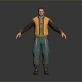 Man with Yellow Vest Dark Long Sleeves Green Pants Brown Boots Standing in Gray Background