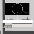 Modern Bathroom Vanity With Round Mirror Green Plant And Folded Towels