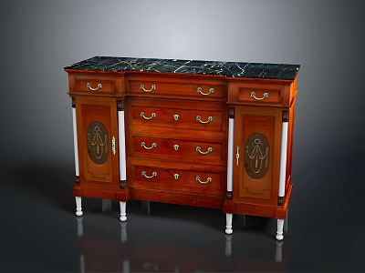 Classic Antique Wooden Cabinet With Marble Top Drawers Carved Details And White Legs 3d model