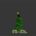 Green Christmas Tree With Golden Decorations And Colorful Gift Boxes Around