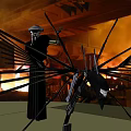 Mysterious Game Movie Character Wearing Black Robe And Hat With Mechanical Wings And Kneeling Figure