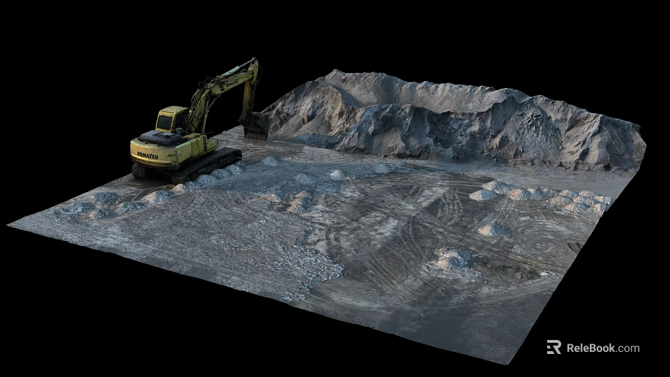 Yellow Excavator Working On Construction Site With Large Soil Mound And Gravel 3d model 