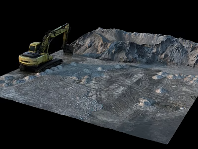 Yellow Excavator Working On Construction Site With Large Soil Mound And Gravel 3d model