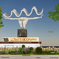 White Wavy Design Sculpture On Black Base With Trees And Lawn Outdoor