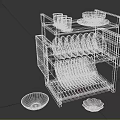 Multi Tiered Kitchen Dish Rack With White Plates Green Cups And Bowls 3d model