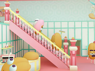 Playful Cartoon Scene With Pink Staircase Yellow Pink Railings And Cute Characters 3d model
