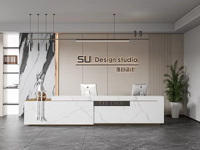 Modern Office Reception Desk With Marble Counter Two Computers Logo And Potted Plant 3d model