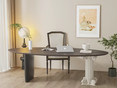 Modern Desk With Laptop Open Book White Mug Lamp Chair Wall Art And Green Plant 3d model