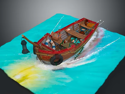 Wooden boat with tire lantern and fishing gear on blue water with yellow sunlight waves 3d model