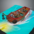 Wooden boat with tire lantern and fishing gear on blue water with yellow sunlight waves